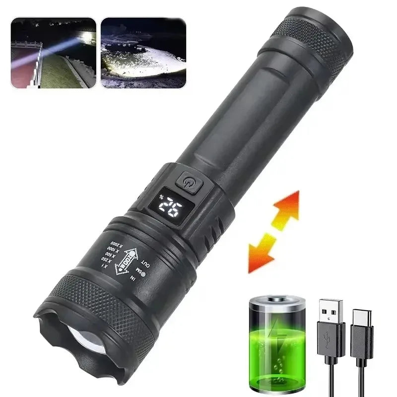 High Strong Power Led Flashlights 2000LM Tactical Torch with Display Light USB Charging Camping Fishing Emergency Zoom Lantern