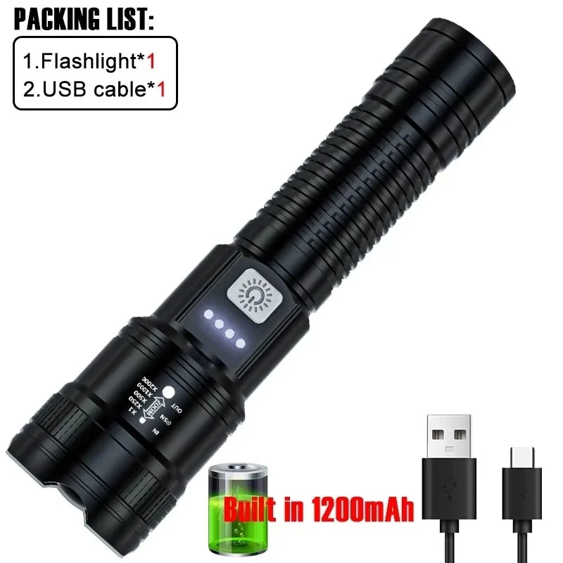 High Strong Power LED Flashlight Tactical Torch USB Rechargeable Zoom Emergency Lights For Outdoor Fishing Work Lighting Lamp