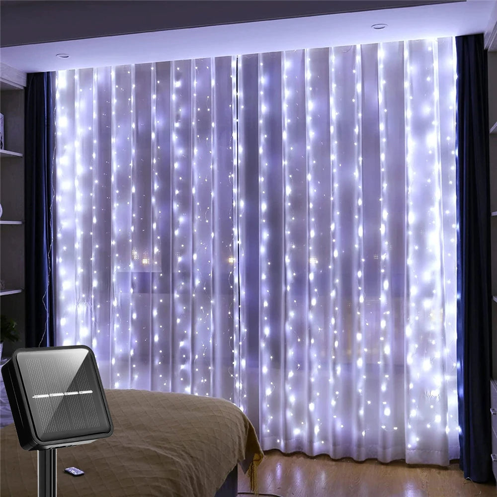Solar Curtain Light LED Outdoor Waterproof 300leds Garland Decoration String Lights Yard Fairy Garland String Lights