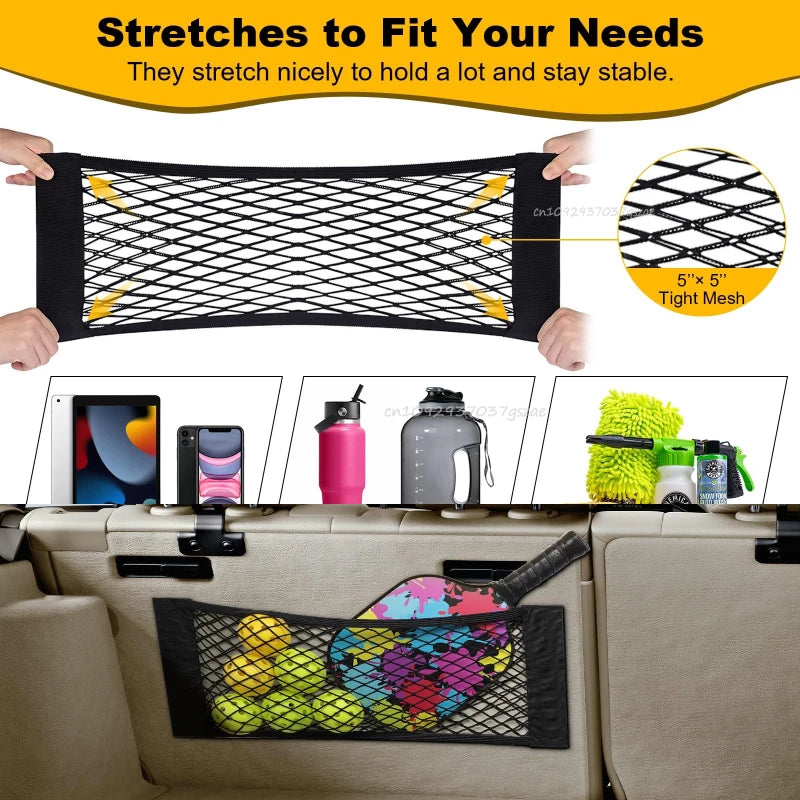 Car Storage Net Stretchable Mesh Pocket Net Magic Elastic Sticker Universal Rear Mesh Trunk Seat Bag Pocket Cage Auto Organizer